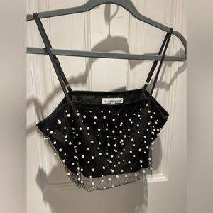 Cute top, black, adjustable straps, embellished with white beads